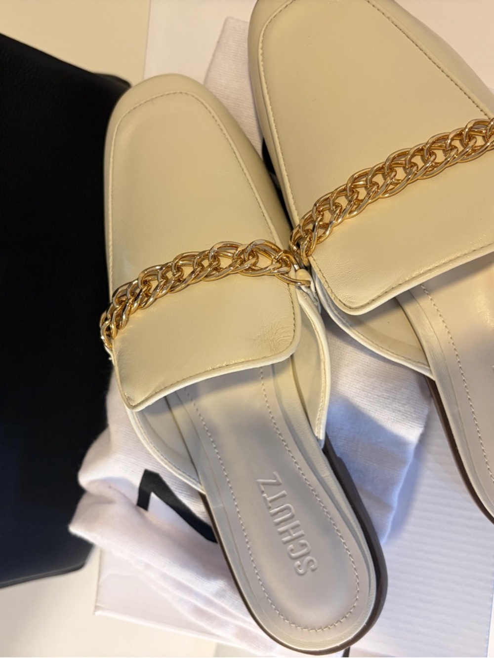 SCHUTZ Arissa Mules Ivory Leather Chain-Trim Slides - Picture 2 of 7